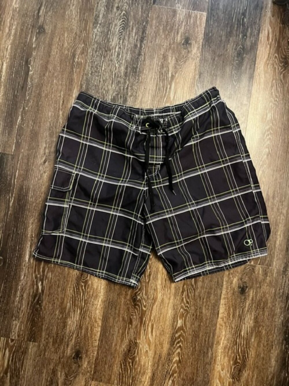 Men's OP Ocean Pacific Swim Board Shorts, Size XL. Black White, Pockets, Ex Con